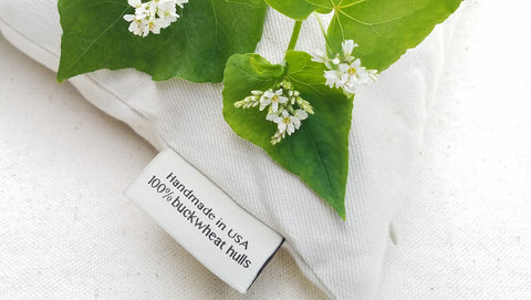 ComfyComfy buckwheat hull pillow with buckwheat flower on it. Made in the USA pillow.