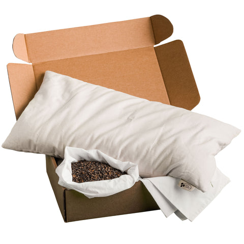 ComfyComfy buckwheat hull pillow with plastic free packaging